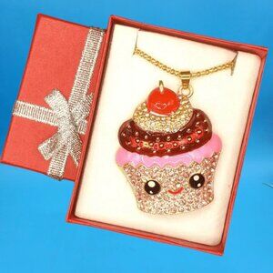 Cute Cupcake Pendant Necklace • Rhinestone Cherry Top • Gift Boxed Kawaii Jewelr